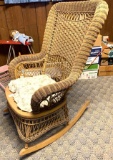 Antique Wicker Rocker with Wooden Seat and Cushion