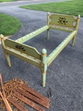 Antique Painted Rope Bed with Stenciling on Headboard & Footboard