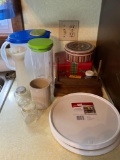 Rubbermaid Turntables, Water Pitcher, Tins, Napkin Holder, Jars, Can Opener
