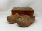 Decorated Wooden Clogs and Small Cedar Box with Scene on Lid