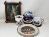 Framed Print of Children & Angel, Cup & Saucer, Last Supper Plate and Cup with Winter Scene