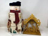 Stacked Boxes Santa and Lighted Wood Carved Nativity