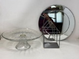 Glass Cake Stand, Round Mirror and House Frame Candle Holder