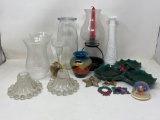 Glass Vases, Hurricane Shades, Candle Holder, Holly Dish, Pottery Vase and Christmas Ornaments