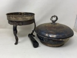Metal Tri- Footed Stand, Candle Snuffer, Lidded Bowl