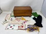 Wooden Memento Box, Handkerchiefs, Knit Gloves, Plastic Cording