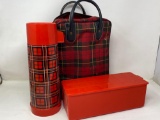 Vintage Plaid Lunch Bag and Thermos, Red Plastic Slide Lid Box