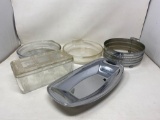 Glass Baking Dishes, Glass Refrigerator Container, Silver Plate Tray and Dish Frame