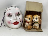 Ceramic Mask and Pair of Puppy Figures