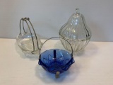 Glass Lidded Pear, Metal Handled Glass Bowl and Metal Handled Blue Glass Bowl