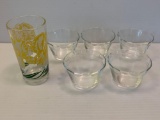 6 Pyrex Custard Cups and Floral Peanut Butter Drinking Glass
