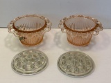 2 Pink Depression Glass Bowls and 2 Flower Frogs