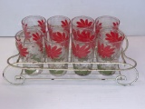 8 Floral Drinking Glasses with Metal Holder