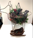 Metal Reindeer Planter with Artificial Greens, Berries and Pinecones and Grapevine Sleigh