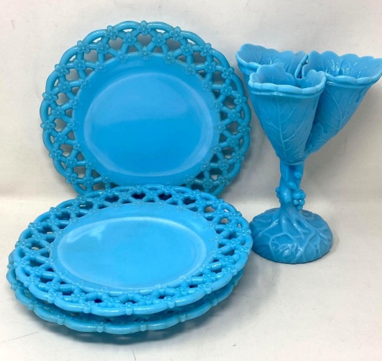 Vintage Basket Weave Edge Plates and Embossed Tree Pattern Vase, Blue Milk Glass