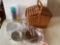 Hinge-Lidded Picnic Basket, 4 Plastic Tumblers, Dishes & Bowls