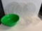 3 Clear Round Plastic Platters, Clear Plastic Bowl, Green Plastic Bowl and Storage Container