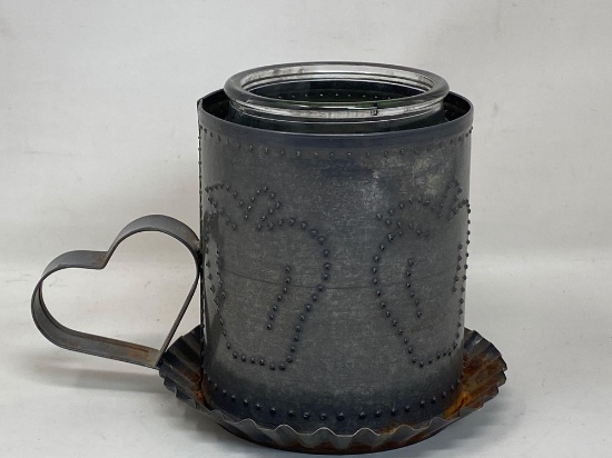 Punched Tin Candle Holder with Heart Handle