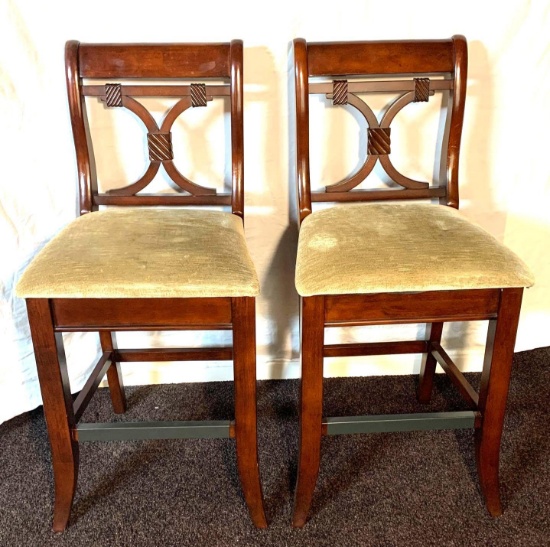 Pair of Upholstered Bar Height Wood Chairs with Unique Back