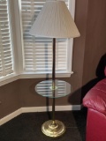 Brass and Glass Floor Lamp Table with Pleated Shade