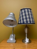 Table Lamp with Plaid Shade and Gray Metal Clip-on Lamp