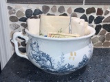 Ironstone Chamber Pot, Embroidered Linens and Powder Box