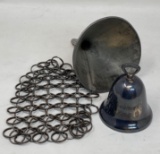 Antique Metal Pot Scrubber, Funnel and Christmas 1988 Silver Plate Bell