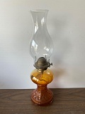Oil Lamp with Amber Pedestal Base and Clear Chimney