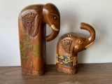 2 Wooden Paint Decorated Elephants
