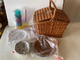 Hinge-Lidded Picnic Basket, 4 Plastic Tumblers, Dishes & Bowls