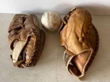 Vintage Leather Baseball Gloves and Ball
