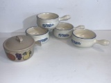 4 Pfaltzgraff Yorktowne Handled Soups and Other Lidded Handled Soup with Fruit Motif