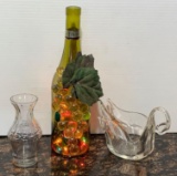 Lighted Wine Bottle, Glass Swan Sauce Boat and Glass Bottle