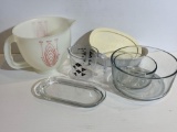 Plastic Batter Bowl, Measuring Cup, 2 Glass Mixing Bowls, Glass Butter Dish, Corning Microwave Dish