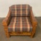 Vintage Rustic Wood Framed Chair with Plaid Cushions