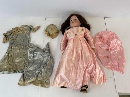 Porcelain Head Doll in Pink Satin Dress with Additional Outfit