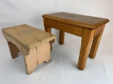 Small Oak Bench and Painted Wooden Foot Stool