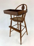 Early Oak High Chair with Attached Box Tray and Cane Seat