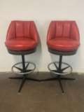 Beer Barrel Furniture, 2 Red Leather Swivel Bar Stools with Pleated Backs