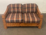 Vintage Rustic Wood Framed Love Seat with Plaid Cushions
