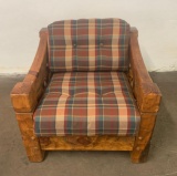 Vintage Rustic Wood Framed Chair with Plaid Cushions