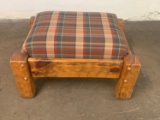 Vintage Rustic Wood Framed Ottoman with Plaid Cushions