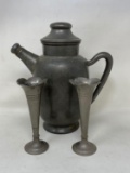Pewter Coffee Pot and 2 German Pewter Flutes