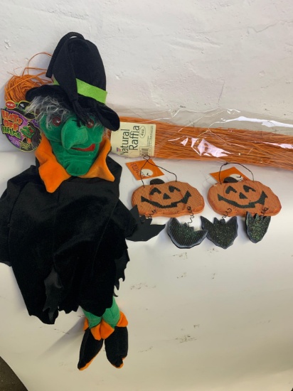 Halloween Decor- Witch, Jack-O- Lanterns and Orange Raffia