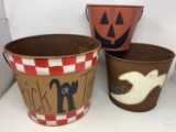 3 Halloween Themed Metal Pails- Trick or Treat, Jack-O-Lantern and Ghost