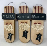 3 Wooden Patriotic Signs- America, Welcome and Bless the USA