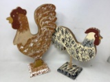 2 Wooden Roosters on Wooden Bases