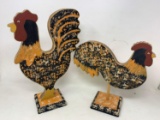 2 Matching Wooden Roosters on Wooden Bases