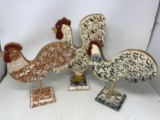 3 Wooden Roosters on Wooden Bases