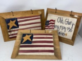 3 Wooden Signs- 2 Flags and 